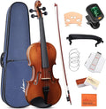 ADM 4/4 Full Size Wood Violin Set for Kids Teens Students Adults Beginner Acoustic Violin Glossy Fiddle Starter Kit with Hard Case, Rosin, Shoulder Rest, Bow, Clip-on Tuner and Fingerboard Sticker