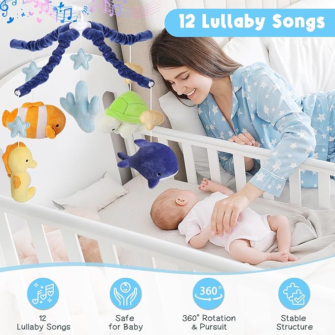 Ocean Animals Baby Crib Mobile - Musical Baby Mobile for Crib with 12 Lullabies for Boys & Girls, Baby Mobile for Bassinet for New Borns, Nursery Mobiles, Fits Standard Cribs
