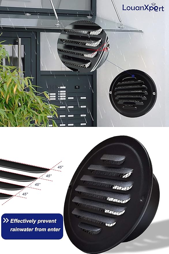6 Inch Round Air Vent Cover,LouanXpert Stainless Steel Black Soffit Vent Cover Louvered Grille Wall Vent with Built-in Fine Mesh for Garage,House, Flat, Garage (150mm - 2PCS)