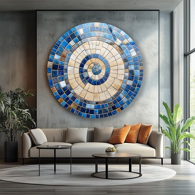 My Photostation.com 27.5''(70cm) Diameter Coastal Sunburst Beige & Blue Round Glass Wall Art Tempered Glass Printing Wall Decor Large Wall Art Wall Hangings