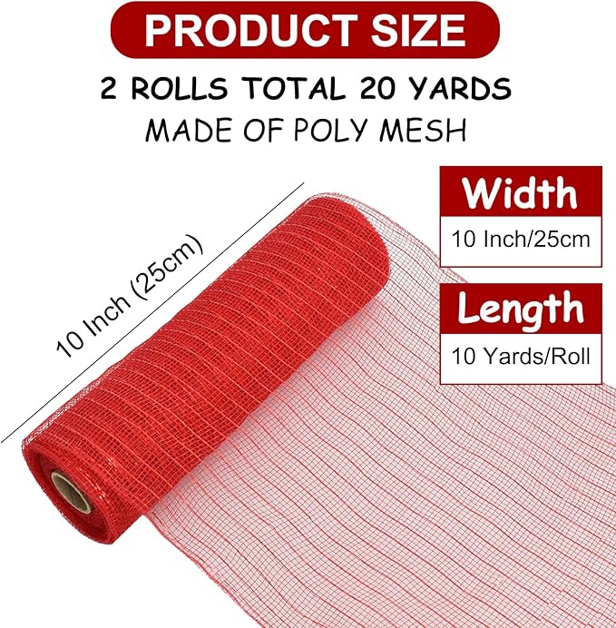 TONIFUL 2 Rolls 10 Inch Red Decorative Mesh Ribbbon Rolls, Fabric Mesh with Foil for Wreath Supplies, Front Door Wreath Crafts Tree Decor Christmas NewYears Halloween Decoration (10 yds/roll)