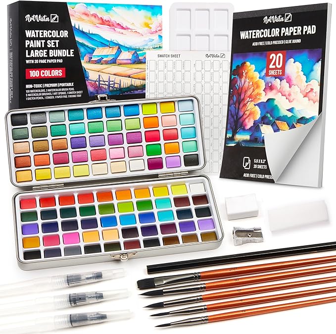 Premium Watercolor Paint Set Bundle with 100 Bright Colors & Paper Pad for Beginners & Professional – Painting Kit & Art Supplies for Adults – Travel Watercolor Set with Metallic Watercolor Paints