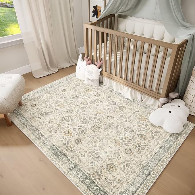 Washable 4x6 Rugs for Living Room, Boho Non-Slip Silicone Backing Small Rugs for Bedroom Nursery Office, 0.3" Neutral Oriental Throw Carpet with 0.16" Cushioning Pad, Grey/Multi