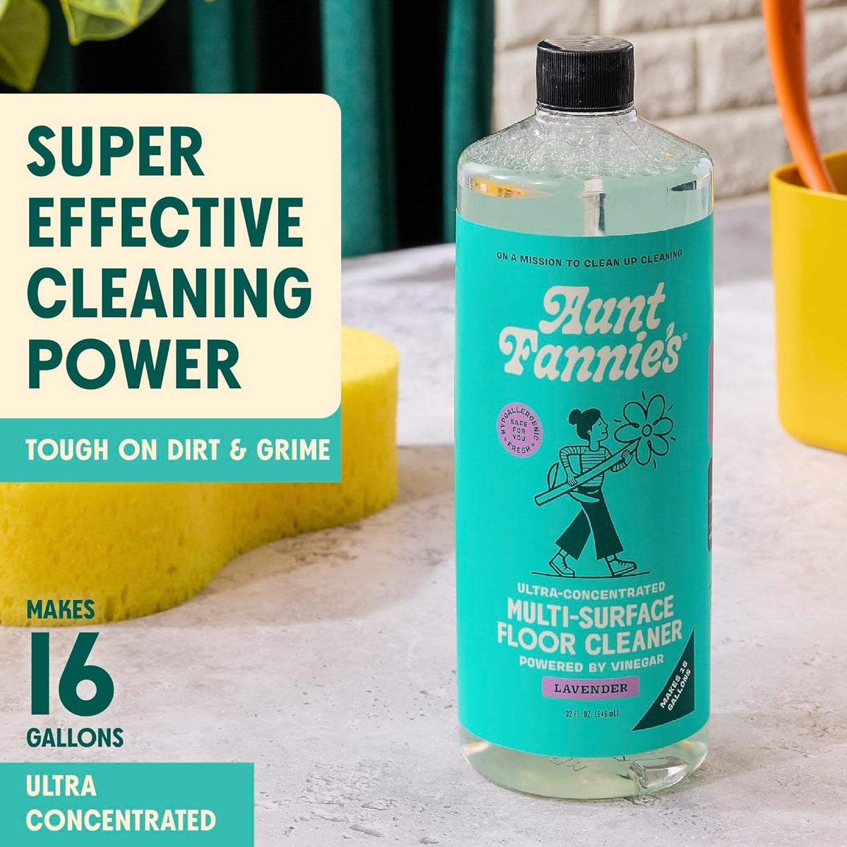 Aunt Fannie's Ultra Concentrated Floor Cleaner Vinegar Wash, Multi-Surface Solution Mopping, Makes 16 Gallons, Lavender Scent, 32 oz. (Pack of 6)