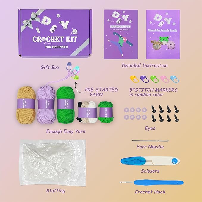 Crochet Kit for Beginners - Knitting Kit for Adults & Kids | Learn to Crochet Animals Frog Octopus Cow with Step-by-Step Video Tutorials