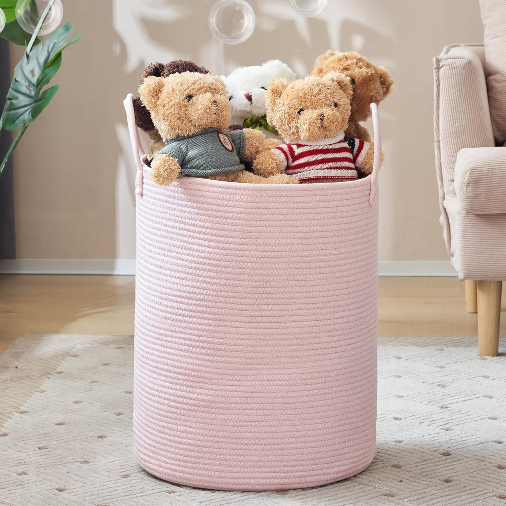 YOUDENOVA Woven Rope Laundry Hamper, 58L Tall Luandry Basket, Baby Nursery Hamper for Blanket Storage in Bedroom-Large-Pink