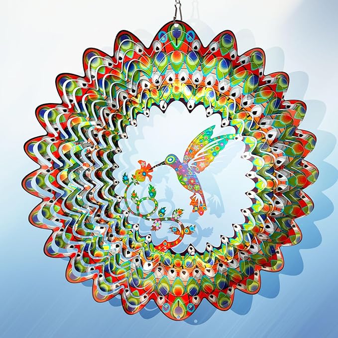 Hummingbird Wind Spinner for Yard and Garden,12in 3D Wind Spinner Hummingbird Gift for Women/Mother/Father/Men,Hanging Bird Wind Catchers Kinetic Yard Art Ornaments Outdoor Wind Sculptures