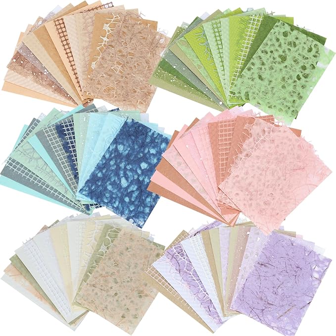 96 Sheets Textured Scrapbook Paper Set - 6 Color Themes, Assorted Mesh Fabric, Decoupage Paper for Junk Journals, Card Making, DIY Crafts (3.9x5.5 Inch)