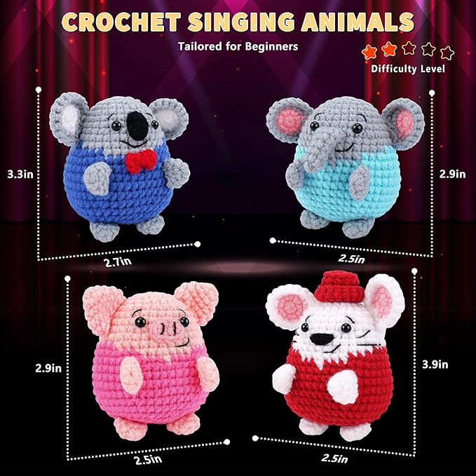 Crochet Kit for Beginners - 4 PCS Crochet Starter Kit with Step-by-Step Video Tutorials, for Adults Kids - Elephant Mouse Pig Koala Microphone Crocheting Set