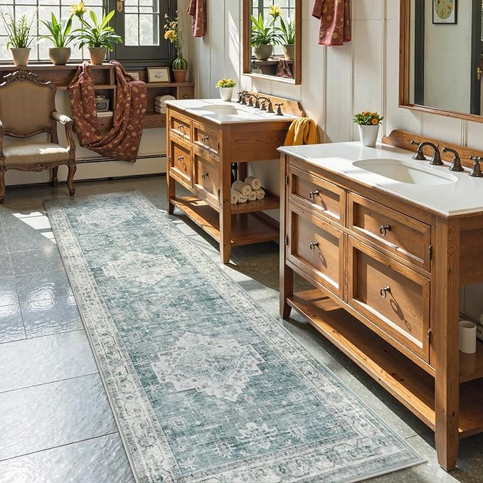 LIVEBOX Washable 2.5x8 Runner Rugs for Entryway Bathroom, Boho Kitchen Floor Mats Long Rug Runners for Hallways Non Slip, Farmhouse Low-Pile Carpet Runners for Laundry Room, Blue