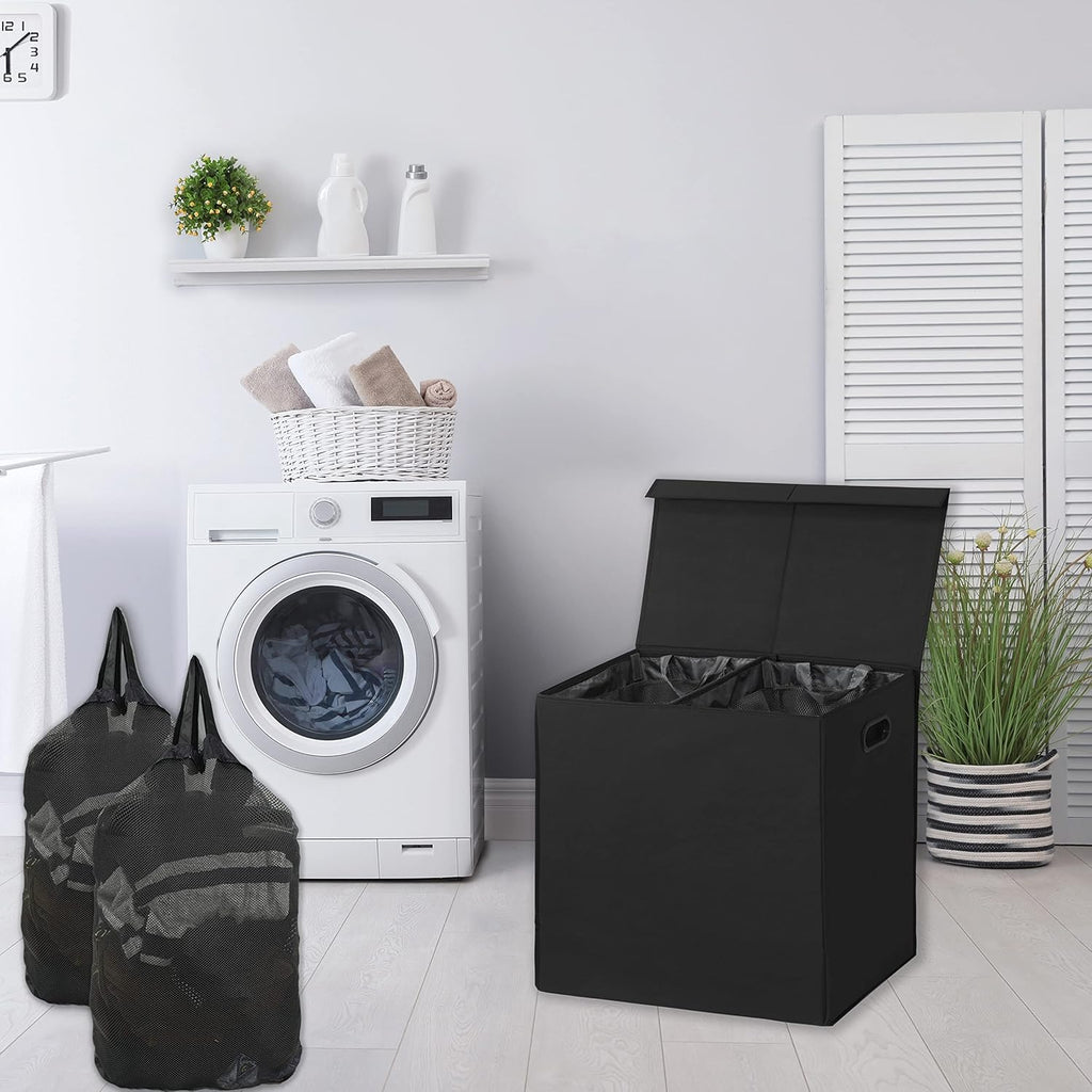Simple Houseware Double Laundry Hamper with Lid and Removable Bags, Black