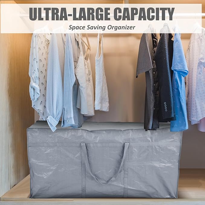 4 Pcs 96 Gallon Large Moving Bags with Zipper and Handles Foldable Storage Duffle Bags Heavy Duty Extra Large Totes for College Dorm Travel Clothes Blankets Bedding Moving (Silver)