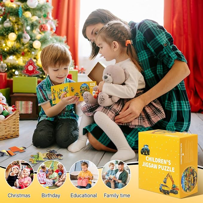 Floor Puzzles for Kids Ages 3 4 5 6 7 8, 70 Piece Construction Site Jigsaw Puzzle with Excavator Bulldozer Forklift Dumper Truck, Building Site Educational Toy Gift for Boys Birthday Christmas