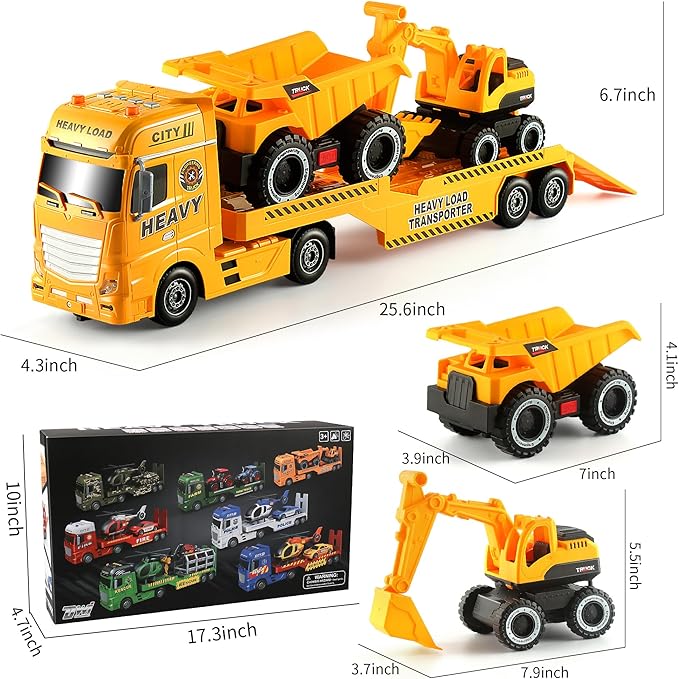 Dwi Dowellin Construction Carrier Truck Kids Toys,25.6" Semi-Trailer Toy with Excavator and Dump Truck,Gifts for Age 3 4 5 6+ Years Old Boys Girls