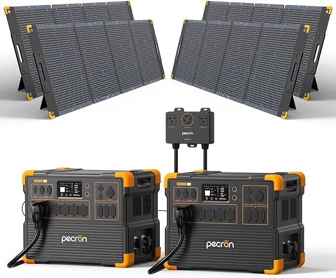 PECRON Two E3600LFP Portable Power Station with 240V Double Voltage Hub, 3072Wh Solar Generator with 4x300W Solar Panels included, 3600W LiFePO5 Battery Backup for Home Use, RV, Camping