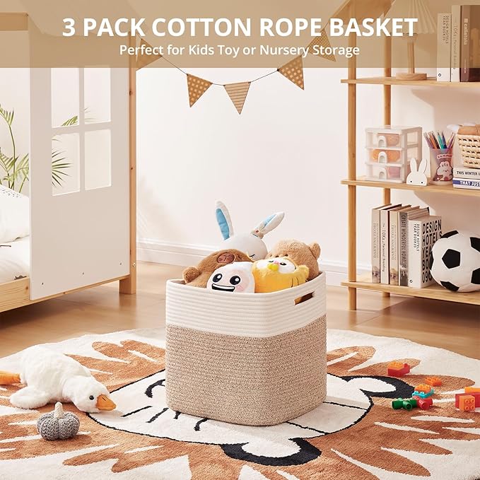 OIAHOMY 13 Kallax Inch Cube Storage Bins, 3-Pack Cotton Rope Woven Baskets for Organizing, Kallax Insert Storage Baskets for Shelves, Baby Nursery, Closet Organizer, 13*13*12.6IN, Brown & White