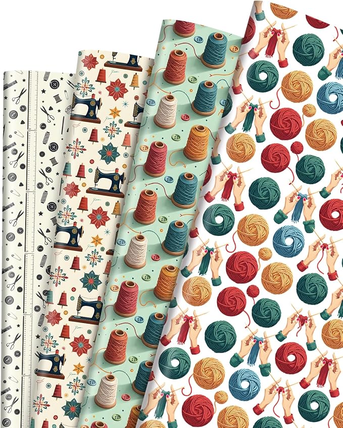 Pineraap 12 Sheets Sewing Theme Wrapping Paper, Vintage Sewing Machine, Button, Yarn Printed Gift Wrap Folded Flat Craft Paper for Sewing Lovers, Seamstress, Women, Mom, Grandma, 19.7 x 27.6 Inch