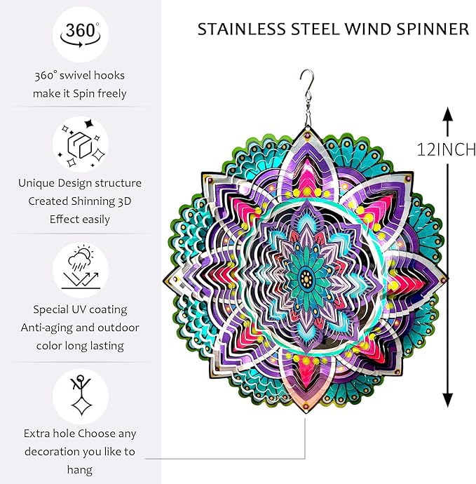 Hanging Wind Spinners for Yard and Garden Mandala Purple Star,Kinetic Wind Spinners Outdoor Worth Gift Christmas Decorations,12Inch Stainless Steel Wind Spinner for Outdoor&Indoor Decor