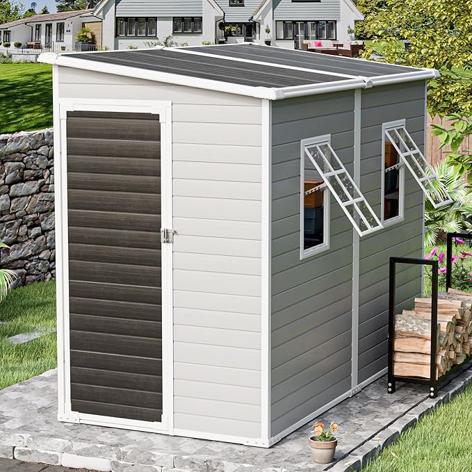 CDCASA 4x8 FT Resin Lean to Shed, Waterproof Outdoor Storage Shed with Floor and Adjustable Openable Windows,Outside Plastic Tool Shed for Backyard Garden Patio Lawn