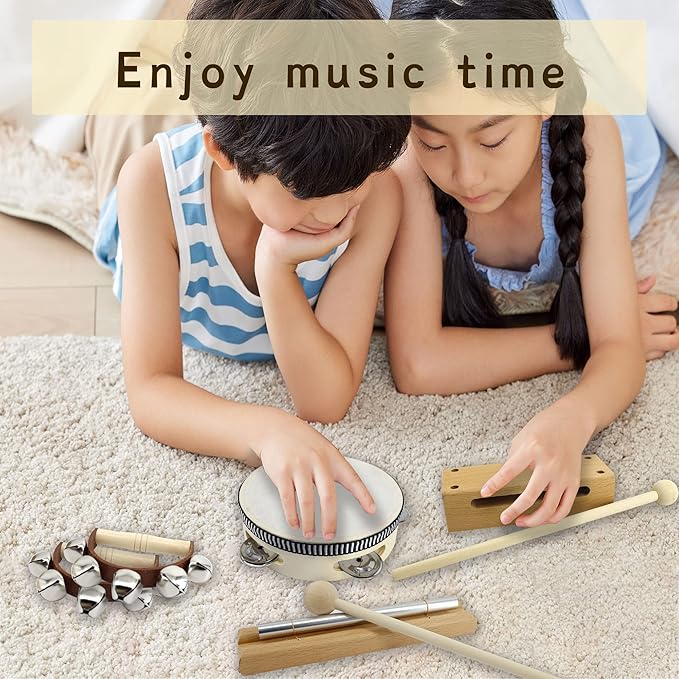 VINJOE Wooden Music Set–Kids Musical Instruments Toys, Natural Wood Percussion Instruments Toy for Kids Preschool Education Baby Musical Toys Instrument Set for Toddlers Best Gifts for Christmas
