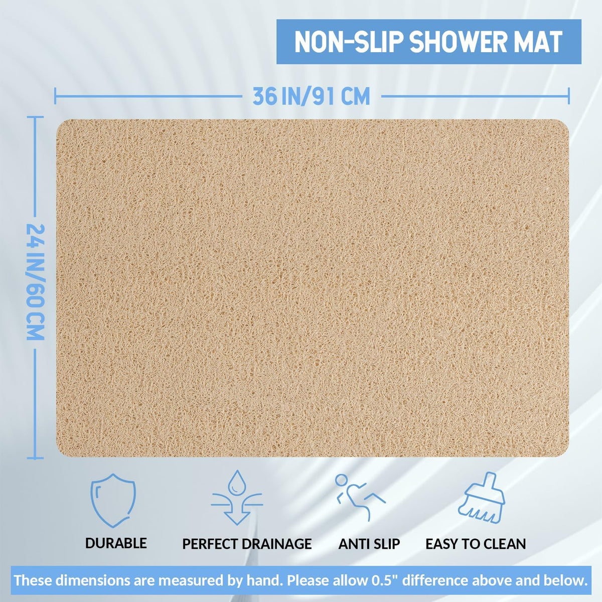 Non-Slip Bathtub Mat, Anti Slip Shower Mat, Fast Drying Bathtub Mats, Foot Scrubber Mat, Anti Slip Mat for Tub, Floor, Bathroom, Kitchen, Home, Hotel (Beige 36"×24")