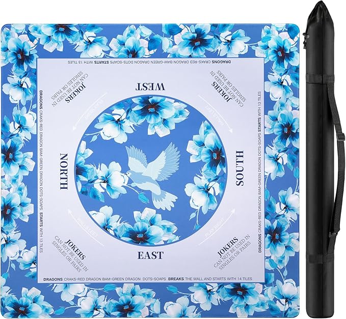Mahjong Mat for Table 31.5x31.5Inch,Anti-Slip, Noise-Reducing American Mahjong Mat with Rules, Mahjong Table Mat with Carry Bag,Neoprene Mahjong Mat for Poker, Cards, Board.(Blue)