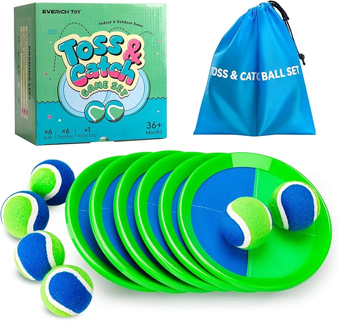 EVERICH Upgraded Toss and Catch Ball Game Set - Indoor and Outdoor Games for Kids 3-12, Beach Sand Pool Water Toy Includes 6 Paddles 6 Sticky Balls, Great Birthday Easter Gifts for Boys Girls