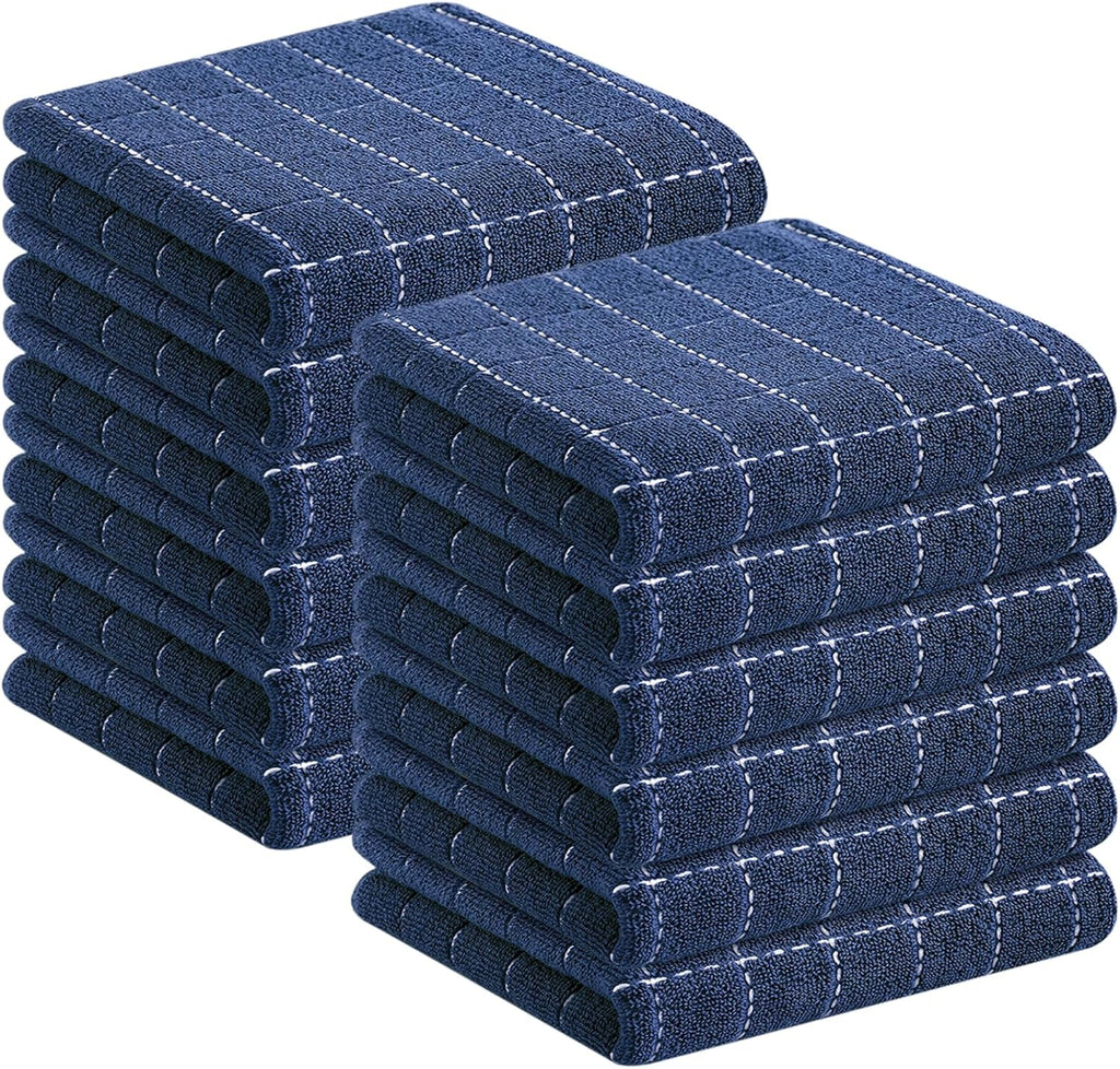 Homaxy 100% Cotton Terry Kitchen Towels(Navy Blue, 13 x 28 inches), Checkered Designed, Soft and Super Absorbent Dish Towels, 12 Pack