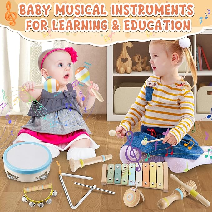 Baby Musical Instruments Set Montessori Wooden Music Toys for Toddlers 3 4 5 Neutral Color Percussion Music Kit with Drum, Xylophone,Storage Bag, Birthday Preschool Learning Gift for Boys Girls