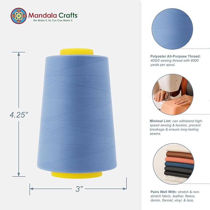 Mandala Crafts 4 Pack of Serger Threads Cones Spools - 40S/2 24000 Yards Polyester Steel Blue Threads for Sergers Machine and Overlock Quilting Sewing Machine