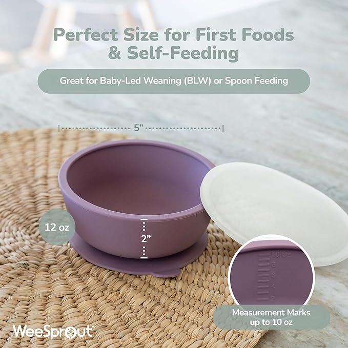 WeeSprout Suction Bowls for Baby & Toddlers (Set of 2) - 100% Silicone w/Plastic Lid - Leak Proof Feeding Supplies - Dishwasher & Microwave Safe Infant Dinnerware w/Extra Strong Base