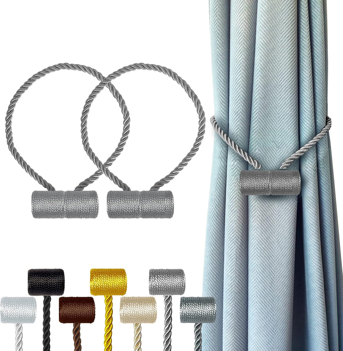 Hion Magnetic Curtain Tiebacks Grey 2pcs, Curtain Tiebacks Buckles Holdbacks Holders Hooks Clip for Home Bedroom Office Decorative Curtain