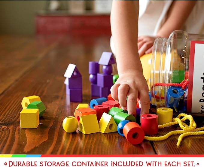 Wooden Lacing Beads for Toddlers 1-3 & 3-5 – 125 PCS with Storage Tub | Stringing Beads for Toddlers 1-3 & Fine Motor Skills Toy for Hand-Eye Coordination & Color Sorting