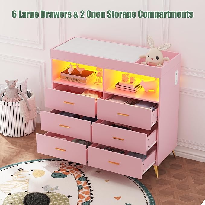 Changing Table Dresser with Drawers, Baby Dresser with Changing Table Top, Power Outlet, LED Light & Metal Feet, Diaper Changing Station Nursery Organizer for Infants Newborn, Pink