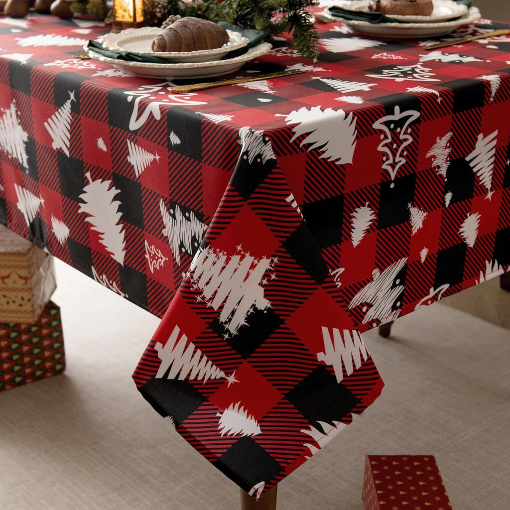 Waterproof Checkered Tablecloth Fabric - Rectangle 58x84 Inch Christmas Tree Table Cloth for Indoor/Outdoor Use - Xmas Table Cover for Kitchen, BBQs, and Parties
