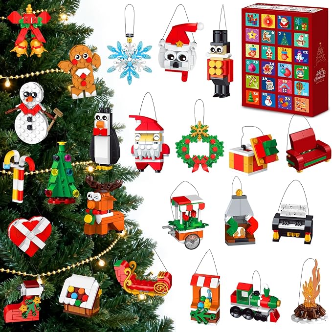 HOGOKIDS 2025 Advent Calendar Christmas Ornaments Building Set, 24 Days Countdown Hanging Christmas Tree Decor Wreath Santa Snowman Xmas Gift Stocking Stuffer Building Toys for Kids Boys Girls Ages 6+