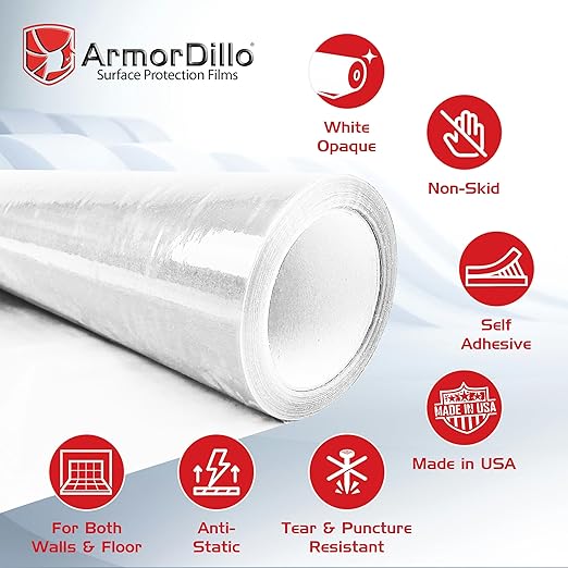 ArmorDillo Paint Booth Floor & Wall Film Free Knife, 3mil w/Metallocene. Only White-Opaque, Anti-Static, Easy-Start, Washable, Skid-Resistant - 36" x 300' Asteroid-Proof...Probably