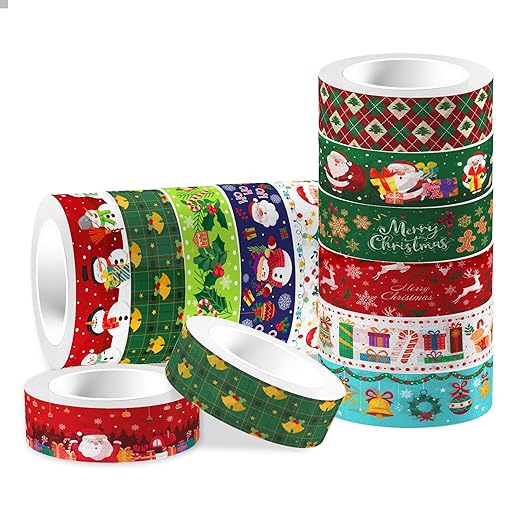 12 Pcs Christmas Washi Tape Merry Christmas Print Masking Tape Christmas Tree Snowman Santa Claus Pattern Decorative Paper Sticker for Christmas Party Holiday Scrapbook Handbook Sticker
