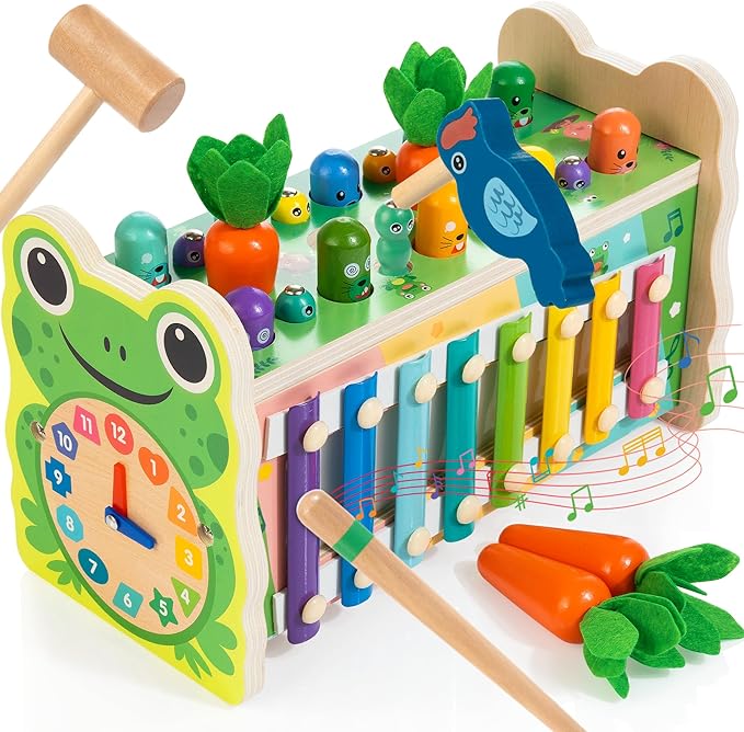 6-IN-1 Wooden Montessori Toys for 1 Year Old, Mole-Tapping Game | Play the Xylophone | Frog Clock | Carrot Harvest Game | Spinning Gear, Toddler Toys Aged 1-4, Baby Toy Gift for Early Learning