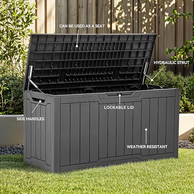 YITAHOME 100 Gallon Outdoor Storage Box, Large Water Resistant Resin Deck Box, Indoor Outdoor Lockable Storage Container for Patio, Garden, Cushions, Tools, Equipment (Dark Gray)