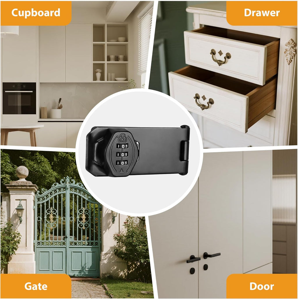 Cozy Tower 4 inch 180 Degrees Hasp Combination Lock for Cabinet, Combo Latch Lock for Cupboard, Drawer, Closet Door, Garage Fence Shed Door (Black, 1 Pack)