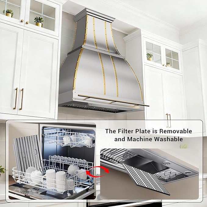 CHETTO C Stainless Steel Range Hood Cover with Quiet Vent Hood Insert Custom Handcrafted Metal Kitchen Fan with Towel Rack LED Light 42"W x24"D x45"H Brushed Stainless Steel Wall Mount