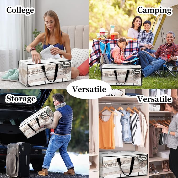 4 Pcs 24 Gallon Large Moving Bags with Zipper and Handles Foldable Storage Duffle Bags Heavy Duty Extra Large Totes for College Dorm Travel Clothes Blankets Bedding Moving (Clear)