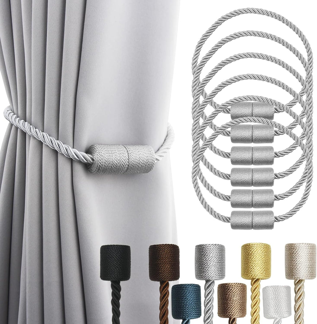 6 Pack Grey Strong Magnetic Curtain Tiebacks Outdoor Elegant Decorative Tie Backs Modern Rope Tiebacks for Drapes Window Curtain Holdbacks for Draperies