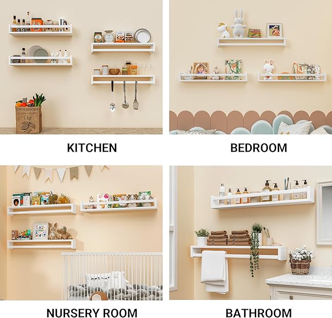 Heimlove Nursery Floating Shelves, White Nursery Book Shelves for Wall, 32 inch Wall Bookshelf for Kids Solid Wood Wall Mounted Shelves for Books,Toys and Decor Storage, Set of 3