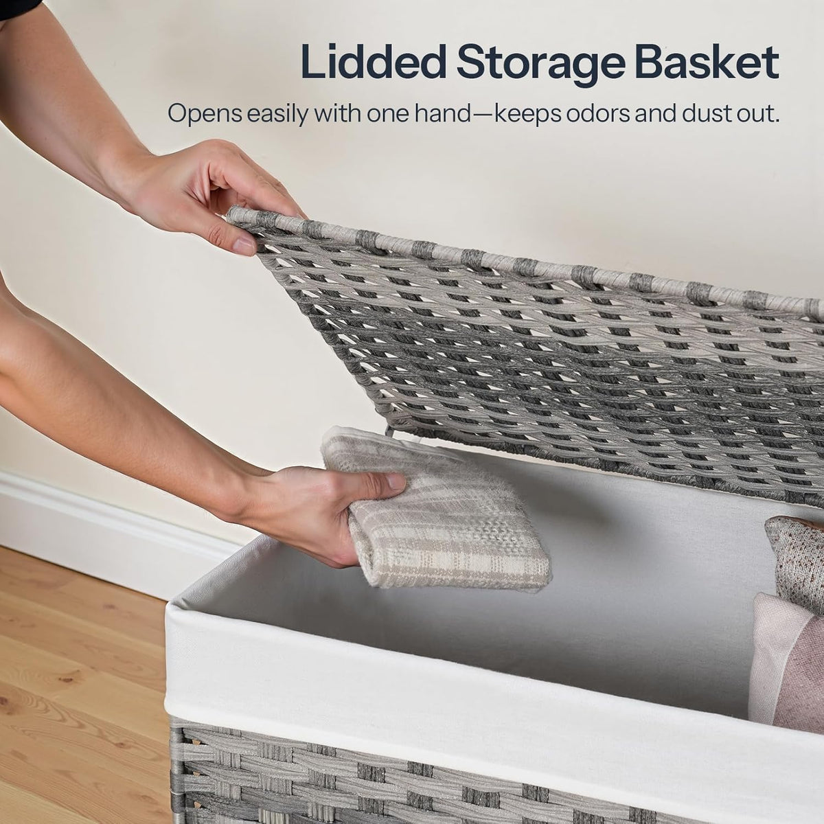 HOOBRO Storage Basket with Lid, 52.8 Gallon (200L) Wicker Basket, Handwoven Blanket Storage Basket with Handles, Metal Frame and Soft Lining, Foldable for Bedroom, Laundry Room, Gray GY220CW01
