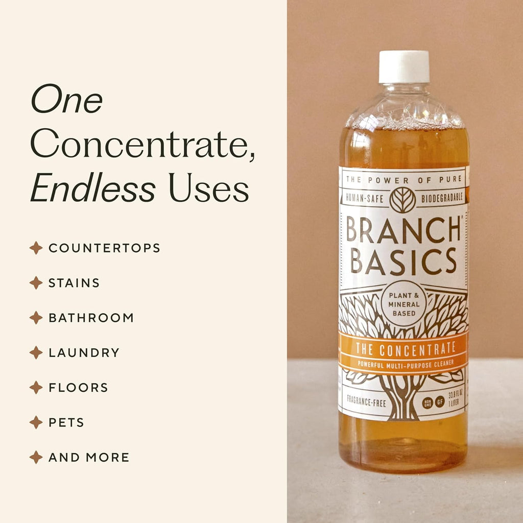 Branch Basics Cleaning Essentials Kit: All Purpose Spray, Glass Cleaner, and Bathroom Cleaner - Concentrate (33.8 Oz) + Plastic Spray Bottles for Cleaning (24 Oz) Non-Toxic, Fragrance-Free