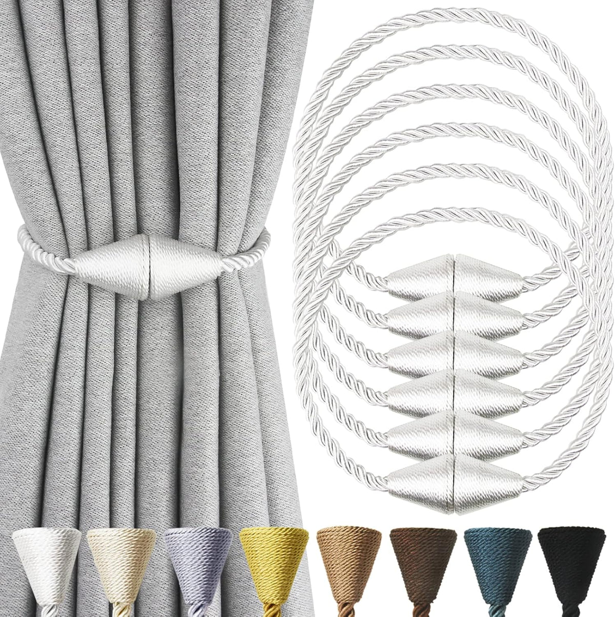 6 Pack Magnetic Curtain Tiebacks Rope Modern Handmade Curtain Tie Backs Decorative Drapes Weave Holdbacks for Window Décor, Silver