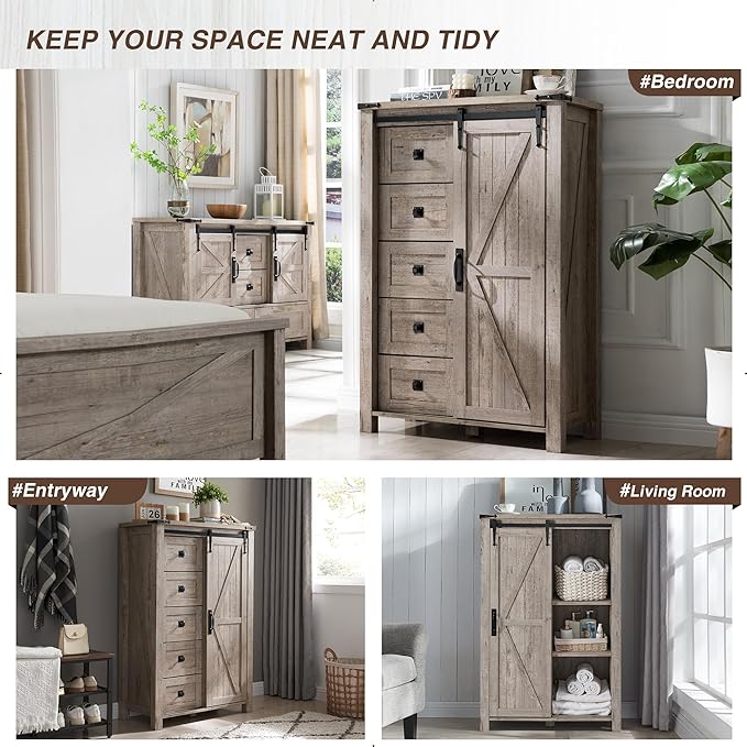 T4TREAM 5 Drawers Dresser for Bedroom w/Sliding Barn Door, Farmhouse Modern Tall Dresser 5 Chest of Drawers, Storage Organizer for Bedroom, Hallway, Living Room, Kids Room, Light Rustic Oak
