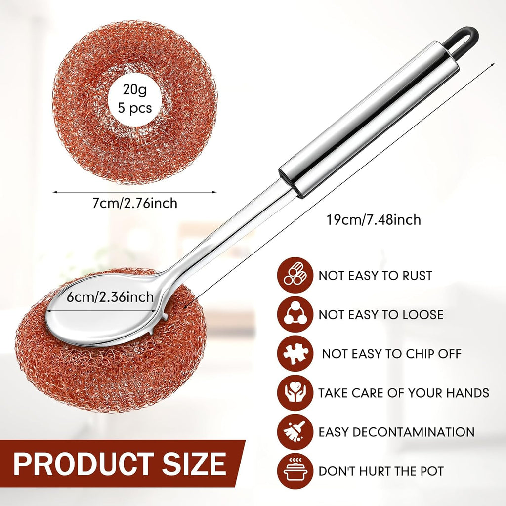 5 Pcs Copper Coated Scourers Copper Scrubbing Pads Scouring Pads 1 PC Steel Wool Scrubber Dish Brush Set with Handle Deep Cleaning Scrubber Silver for Kitchen Cleaning Dishes Pots Pans